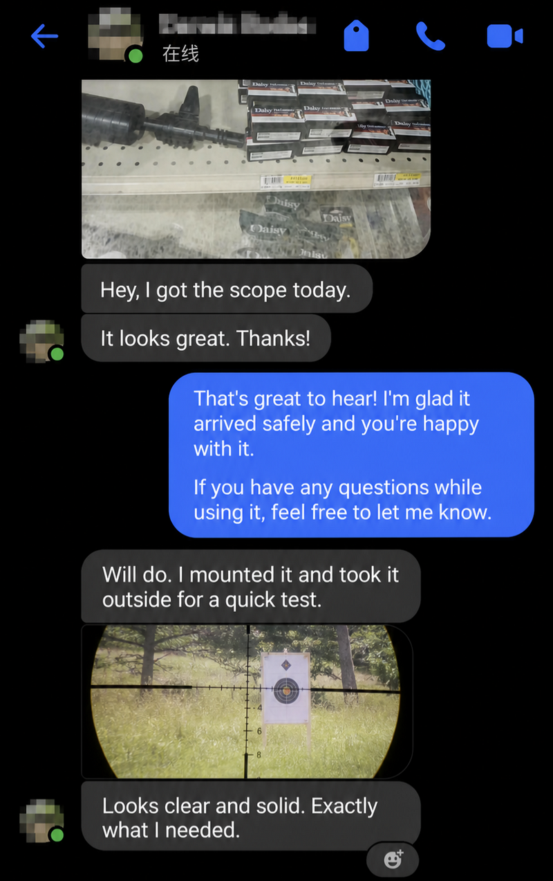 Anonymized customer feedback after receiving and testing an Aimsharp optic